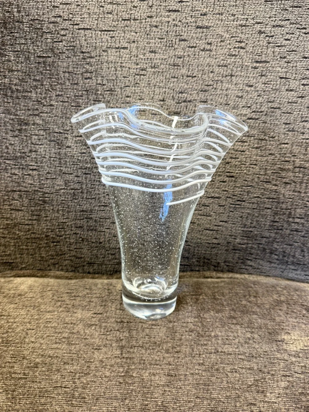 Blown Art Glass Trumpet Handkerchief Vase Clear Bubbles Applied White Rigaree